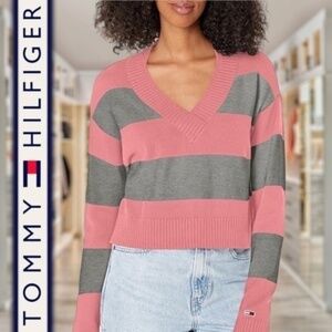 TOMMY JEANS Striped V-Neck Cropped Varsity Sweater  NWT Size LG